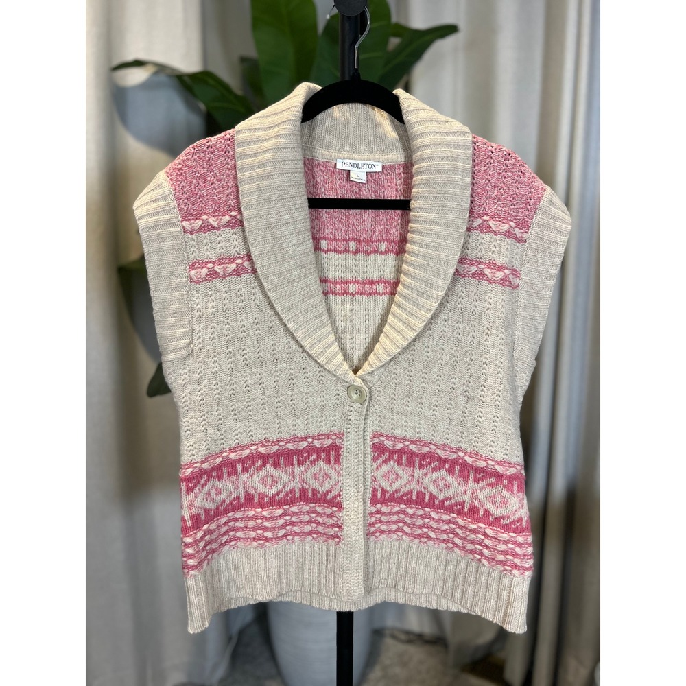Pendleton Womens Pink Cream Lambswool Fair Isle Shawl Collar Sweater Vest M